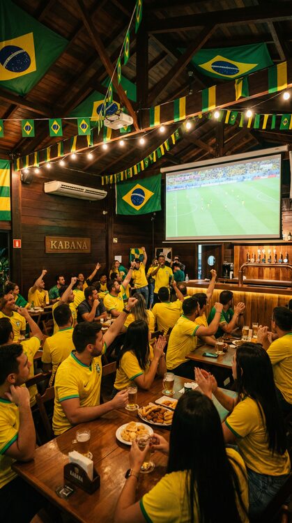 Torcida reunida vendo o jogo no telão