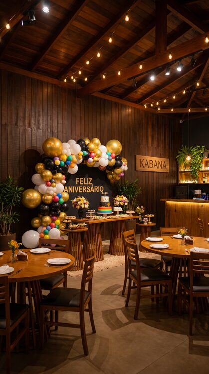 Decoração de aniversário com arco de balões na Kabana
